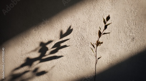 Single Plant Casts Shadow on Wall in Strong Light, Creating Minimalist Scene