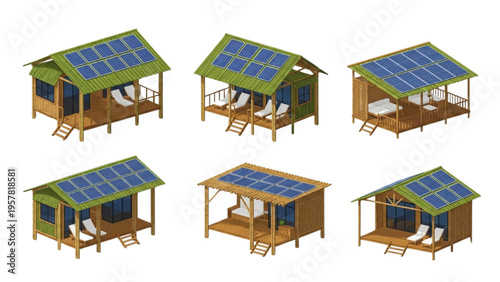 Six wooden bungalows with solar panels on the roof, eco-friendly houses