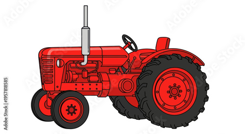 Vintage Red Tractor Illustration on White Background