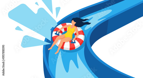 Woman Sliding Down Water Slide on Inner Tube, Summer Fun