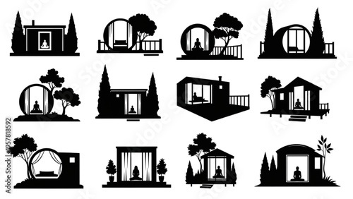 Collection of Modern Retreat House Silhouettes with Meditating Figures and Unique Designs