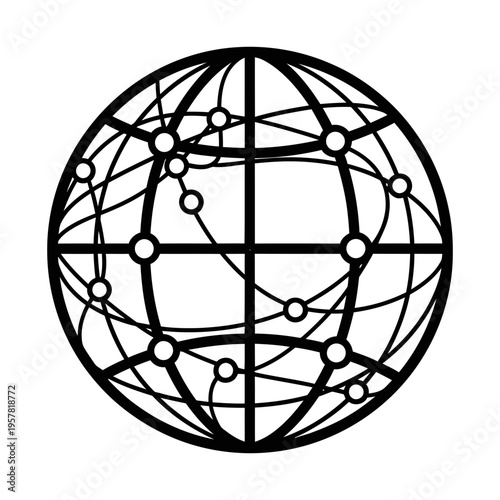 Minimalist black and white graphic depicting a global digital network, highlighting seamless worldwide communication, data exchange, and robust internet connectivity solutions