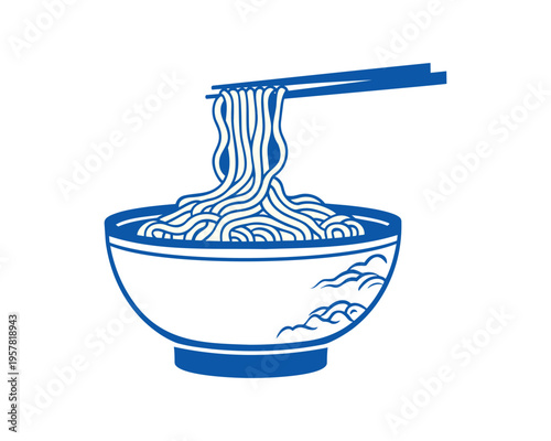 Noodle bowl illustration with blue chopsticks and wave pattern