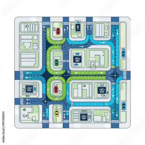 Dynamic urban planning illustration with a top-down perspective, featuring smart city infrastructure, synchronized vehicle movement, and organized architectural elements