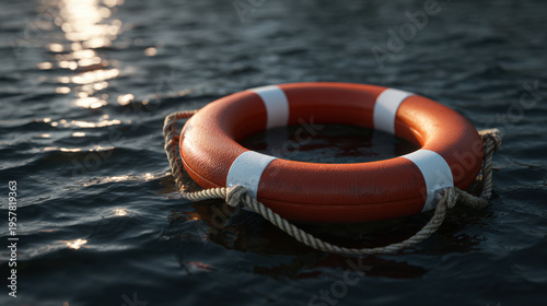 Wallpaper Mural Orange lifebuoy floating on calm water at sunset with reflective highlights and rope detail conveying safety and solitude Torontodigital.ca
