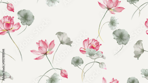 Floral seamless pattern featuring watercolor-style pink lotus flowers and green lily pads on a pale cream background