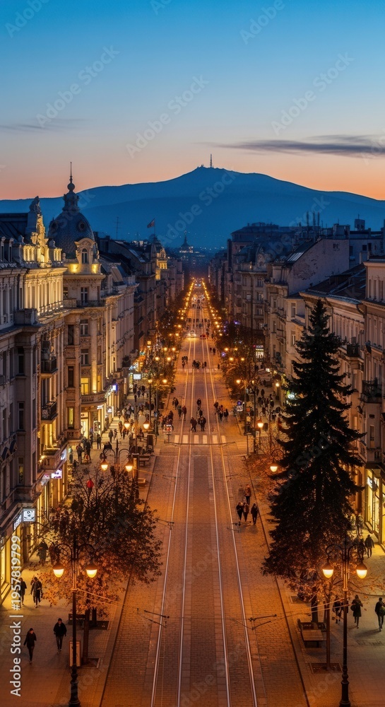 Naklejka premium Illuminated City Streetscape With Distant Mountain And Twilight Sky