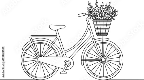 Line Art Bicycle with Flower Basket on Handlebars Minimalist Illustration Isolated on White