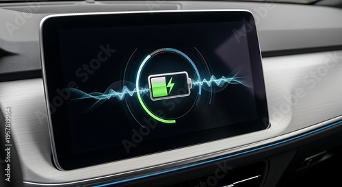Electric Vehicle Battery Charging Display on Modern Car Infotainment Screen, Sustainable Energy Concept