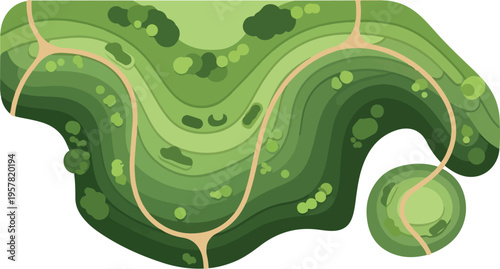 Top-down aerial view vector illustration of a green park or garden with winding paths, trees, and varying terrain, ideal for landscape design, map elements, or nature-themed graphic assets.