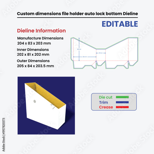 File holder dieline template with dimensions and visual representation box template packaging design.