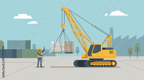 Construction Worker Directs Crane Lifting Cargo Container at Industrial Site