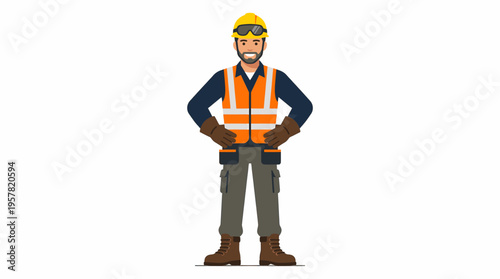 Construction Worker with Hard Hat and Safety Vest Standing Confidently