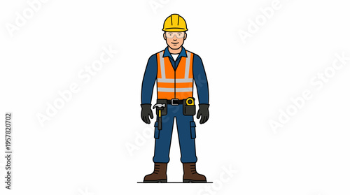 Construction Worker with Safety Vest and Tools Standing
