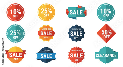 Colorful sale badges and promotional labels with varying percentage discounts