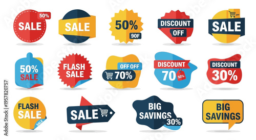Colorful sale badges and promotional stickers for retail marketing campaigns