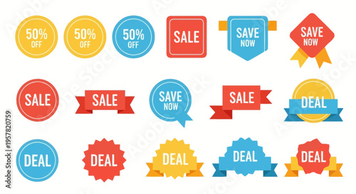 Colorful sale badges and promotional stickers for discount offers and deals