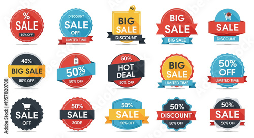 Colorful sale badges collection with discount offers for promotional marketing