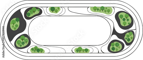 Abstract top-down view of a modern urban park or green space layout with various green trees and bushes, featuring dark gray pathways and white borders