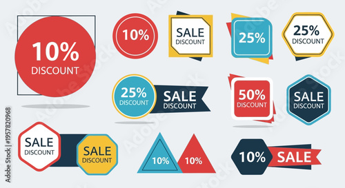 Colorful sale discount labels and promotional graphics for advertising campaigns