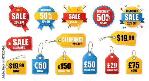 Colorful sale labels and price tags for commercial discounts and promotions