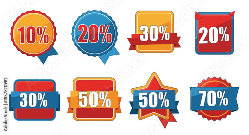 Colorful sale percentage badges on white background for retail promotions