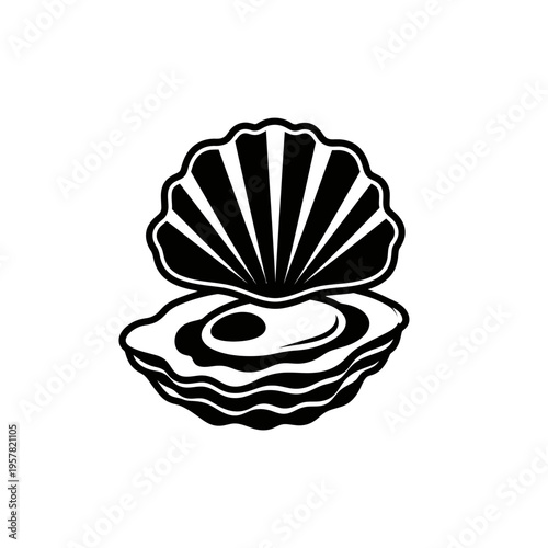 Black and white open oyster shell.