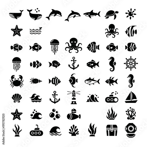 Black and white sea creatures icons.