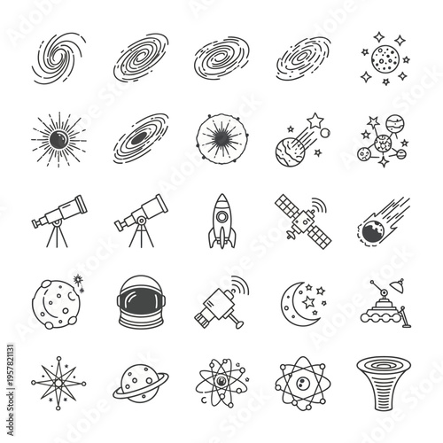 Black and white space icons set.