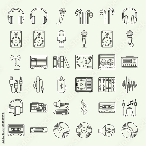 Audio equipment and music technology icons.