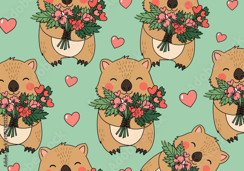 Adorable Cartoon Wombat Characters Holding Flower Bouquets and Pink Hearts on Green Background Illustration