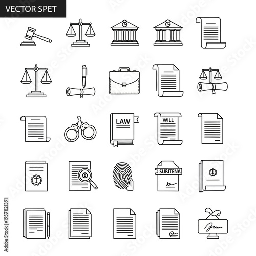 Black and white line icons of legal documents.