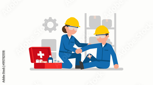 Injured Worker Receiving First Aid from Colleague in Warehouse