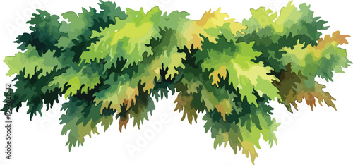 Lush green watercolor style foliage vector illustration with various shades of green and hints of yellow and brown, ideal for natural design elements, borders, or backgrounds.