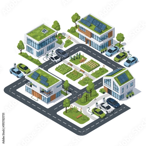 Sustainable eco-friendly neighborhood with electric vehicles and green roofs, showcasing renewable energy and urban farming