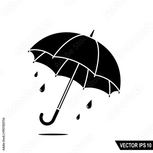 Black umbrella with raindrops falling.