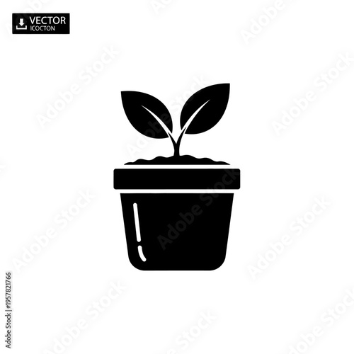 Black vector illustration of potted plant.