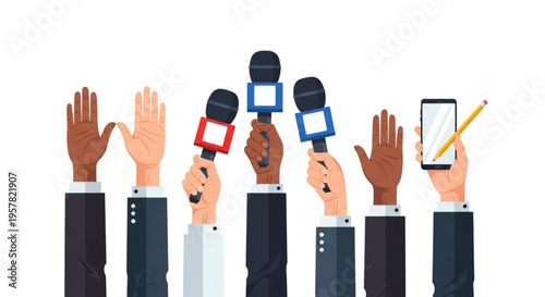  World Press Freedom Day Journalists' hands holding microphones and a smartphone, ready to interview, demonstrating the power of the press and media