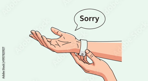 Person expressing apology showing hand gesture with speech bubble sorry