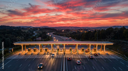 A stunning high-angle shot of a highway toll plaza during a vibrant sunset. The sky is filled with dramatic orange and red clouds