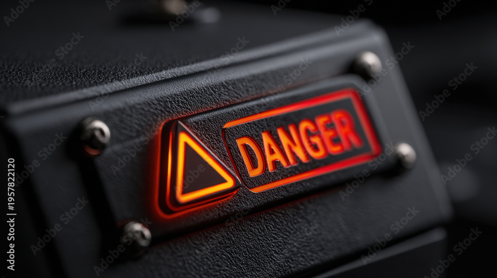 Fototapeta premium Danger warning illuminated triangle sign on textured metal panel glowing red orange with screws and shallow depth of field, industrial hazard indicator conveying caution and risk