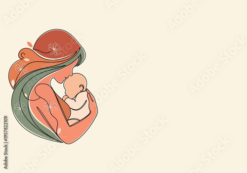 Minimalist Mother and Baby Line Art Illustration in Earthy Tones - Motherhood and Newborn Care Concept with Copy Space