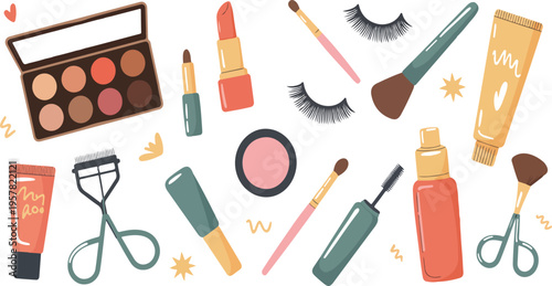 Women cosmetic products beauty set including mascara, lipstick, eyeshadow, brush, concealer, lip gloss, and sponge in trendy hand-drawn doodle style
