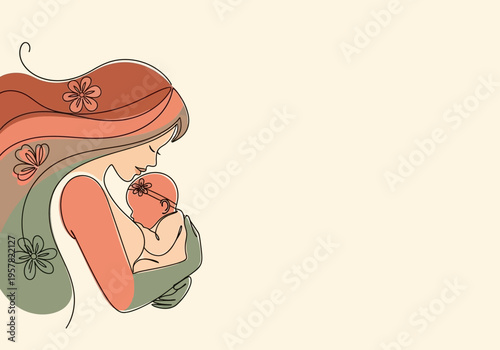 Minimalist Line Art Illustration of a Mother Cradling Her Newborn Baby with Floral Accents and Soft Pastel Colors