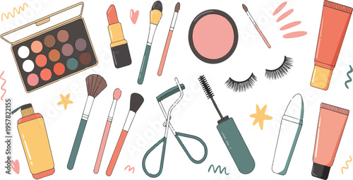 Women cosmetic products beauty set including mascara, lipstick, eyeshadow, brush, concealer, lip gloss, and sponge in trendy hand-drawn doodle style