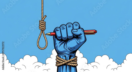  World Press Freedom Day Fist holding a pen with a noose around the wrist, symbolizing the power of the pen and freedom of speech in the face of oppression