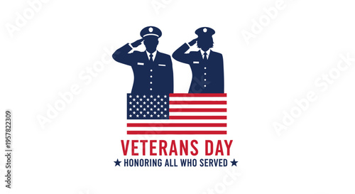 Veterans Day Illustration with Saluting Soldiers and American Flag - Honoring All Who Served Patriotic Graphic