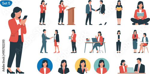 Businesswoman character collection with office employee in different poses actions and gestures including meeting meditation and podium speech