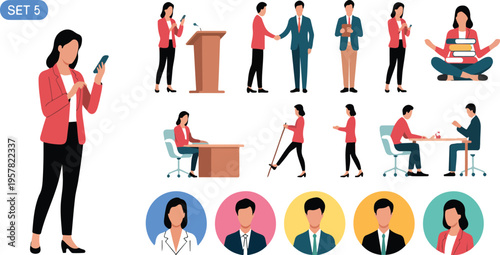Businesswoman character collection with office employee in different poses actions and gestures including meeting meditation and podium speech