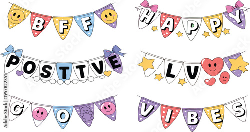 Plastic beads bracelets vector set featuring kids funky accessories cute jewellery with hearts letters friendship baubles hippie necklaces handmade